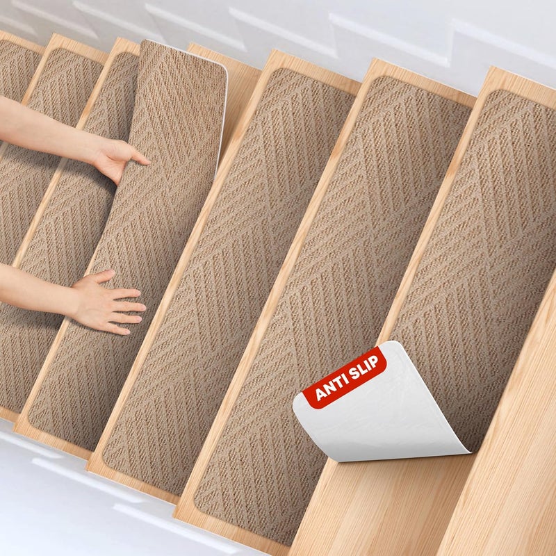 MBIGM 8 X 30inches, 15 in Pack, Non-Slip Carpet Stair Treads Non-Skid Safety Rug Slip Resistant Indoor Runner for Kids Elders and Pets with Reusable Adhesive, Cornstalk Weave - Image 1